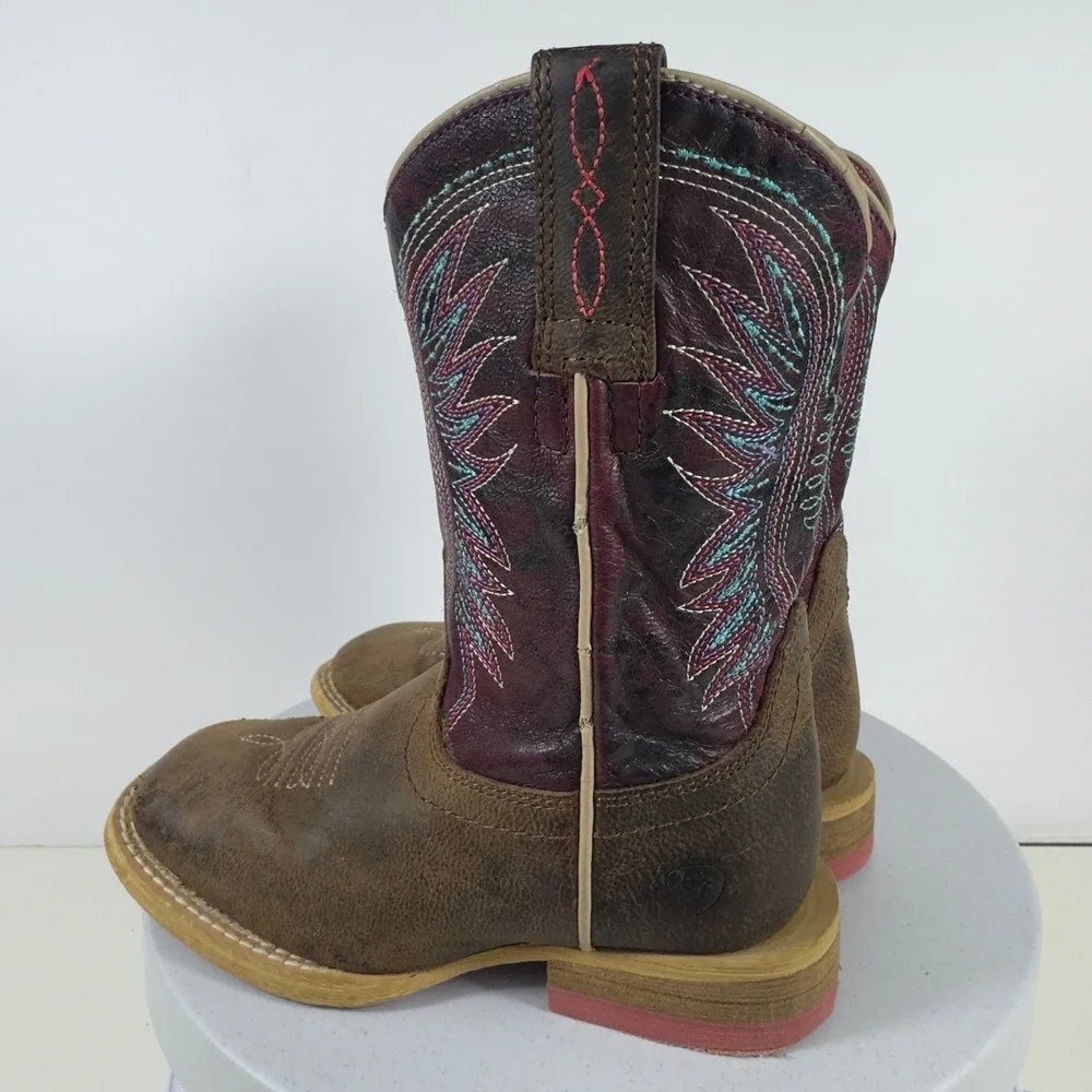 Ariat Vaquera Kids Western Cowboy Boots Leather Purple Brown Square Toe Size 8.5